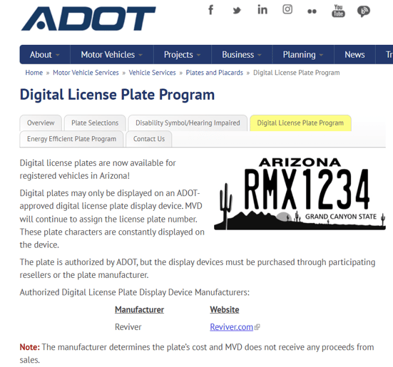 ADOT Arizona Department of Transportation Digital License Plate Program